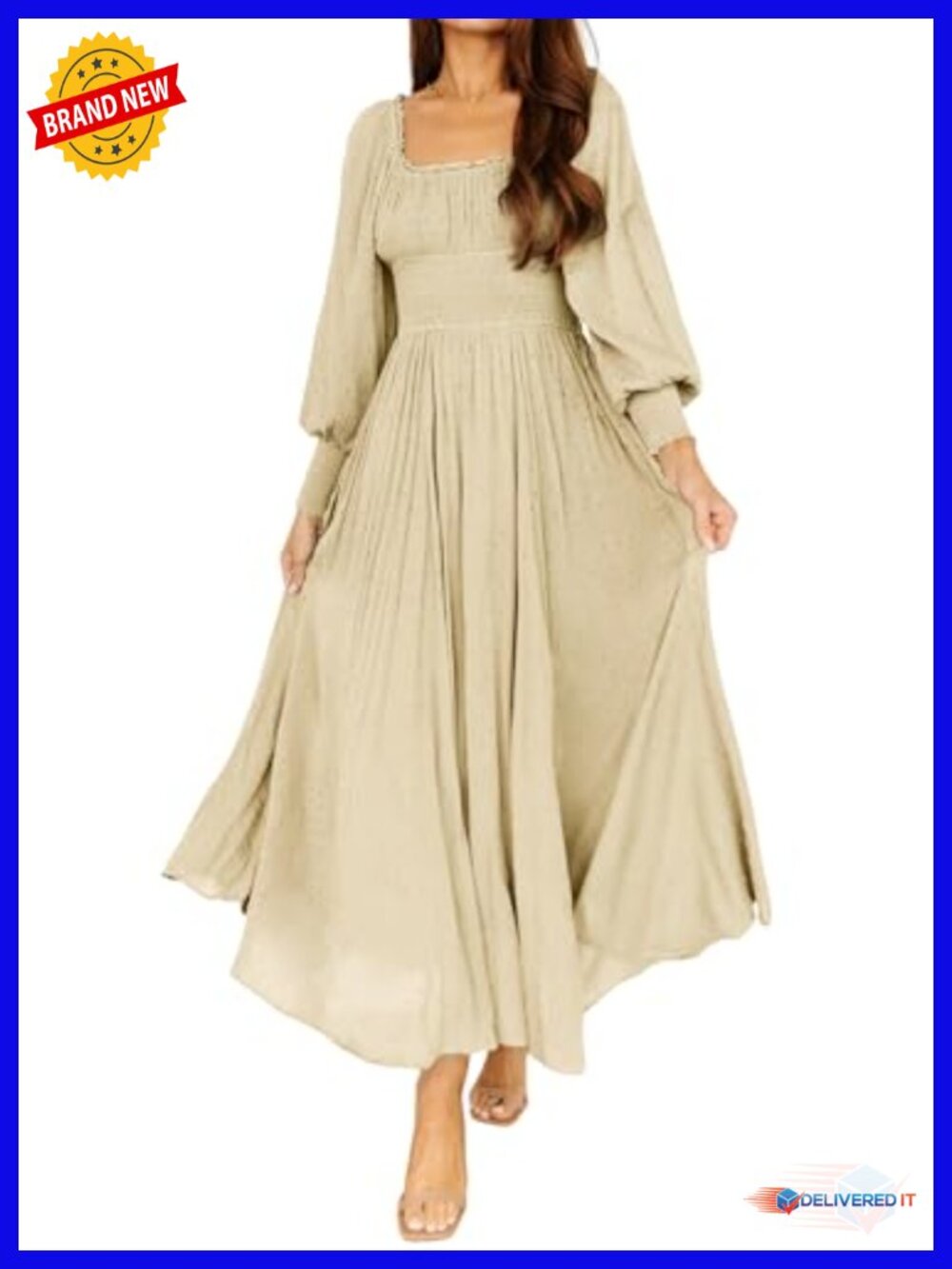 Women's Elastic Empire Waist A-Line Maxi Dress Square Neck Long Puff Sleeve